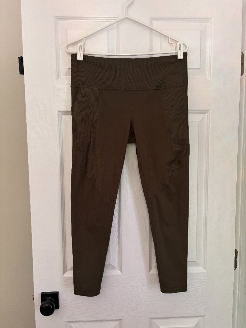 Olive Green Ribbed Leggings | High-Waisted Gym Activewear (Large)